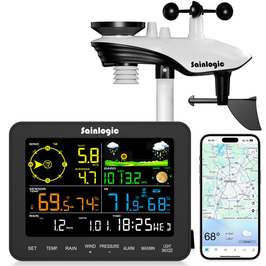 Sainlogic Smart WiFi Weather Stations Wireless Indoor Outdoor SA6 Plus,24/7 AI Weather Forecast by Weatherseed®,APP Alert,Weather Station with Rain Gauge and Wind Speed,2-Year Data Storage（Only 2.4G）