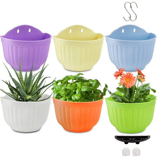 DEAYOU 6 Pack Wall Planter Hanging Flower Pot, Window Hang Indoor Outdoor Plant Basket for Fence, Railing Resin Pots with S Hooks and Drainage Meshes, Half Round Herb Holders for Garden