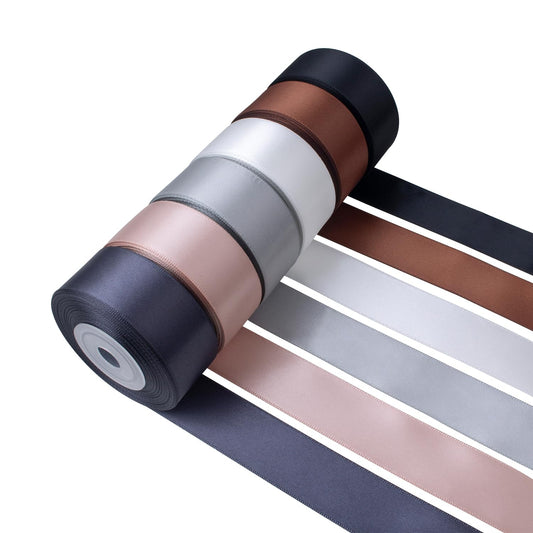Mlurcu Black and White Satin Ribbon 1 Inch Wide Gray Brown Silver Vanilla Ribbon Assorted Solid Color Double Faced Satin Ribbon for Wedding Flower Bouquet Wrapping Gift Wrapping Hair Bows Crafts