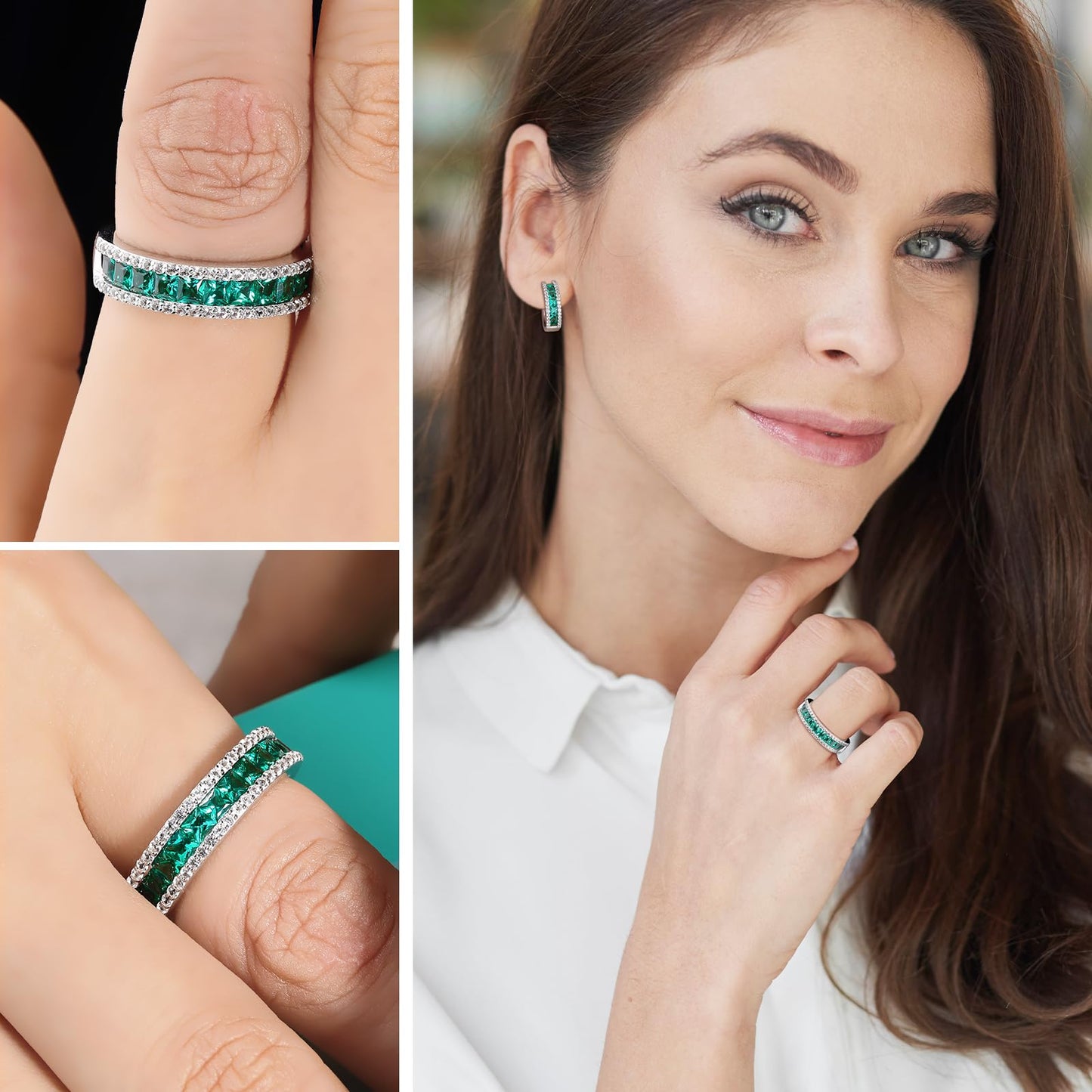 RANDES Channel Set Band Rings for Women Men Emerald Eternity Bands Sterling Silver 5mm Thick Wedding Band May Birthstone Ring Size 10