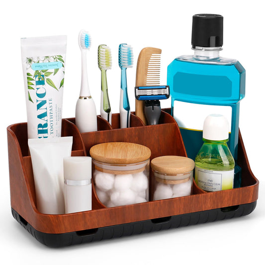 GFWARE Bathroom Decor and Accessories - Detachable 7 Slots Kids Electric Toothbrush and Toothpaste Holde for Bathroom Tray Countertop Vanity Storage, Bathroom Sink Storage Organizer, Red Wood