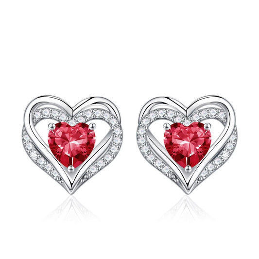 Iefil Heart Earrings for Women, 925 Sterling Silver July Birthstone Red Ruby Heart Stud Earrings for Women