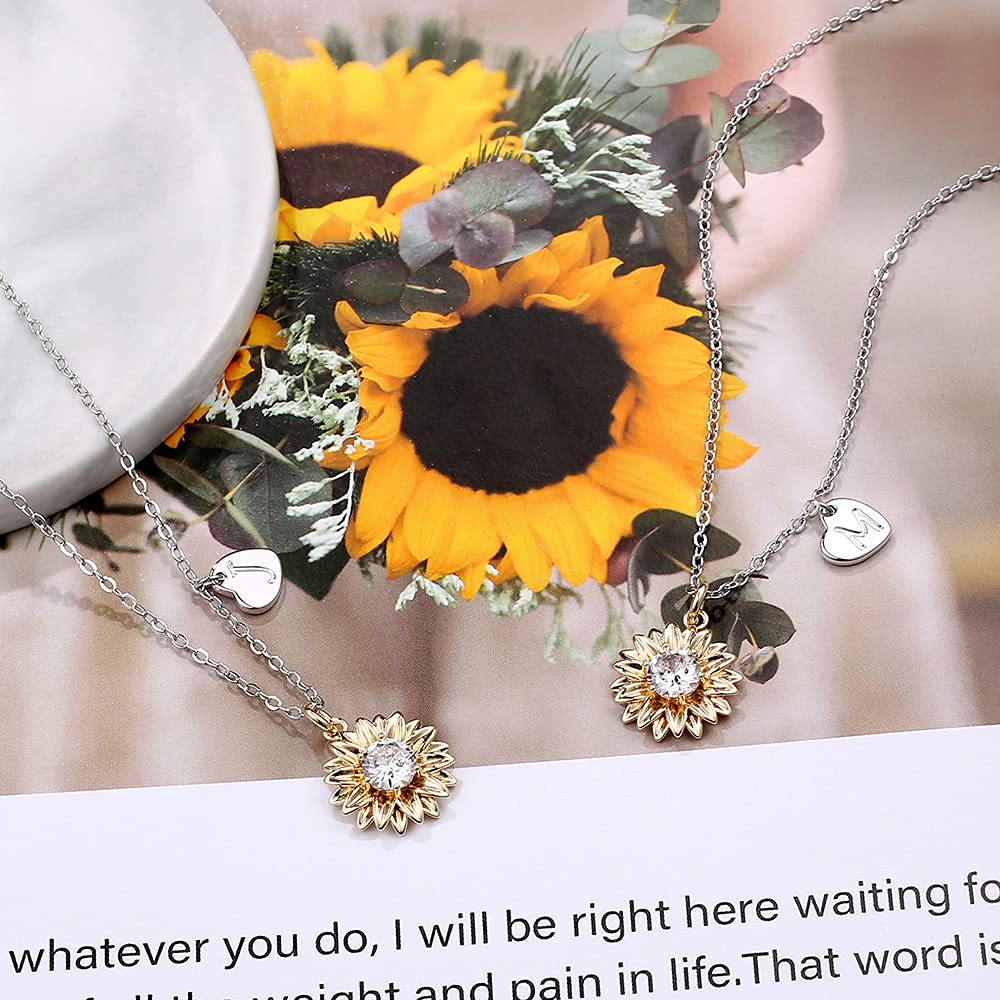 MONOZO Initial Sunflower Necklace for Women Trendy, 14k Gold Plated Sunflower Necklace Pendant CZ Heart Letter Initial Necklace You Are My Sunshine Gifts Sunflower Jewelry S