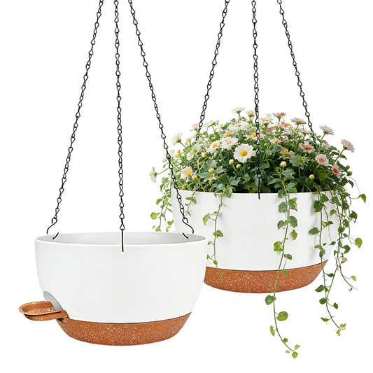 CNLBO 12 Inch Self Watering Hanging Planters 2 Pack, Indoor Outdoor Hanging Pots for Plants with Drainage Holes & Saucers, White Brown Plastic Hanging Baskets for Kitchen Balcony Garden
