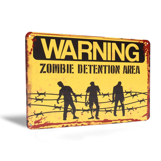 Funny Metal Wall Decor Signs - Zombie Detention Area Warning - Vintage Retro Horror Room Decorations Man Cave Home Bar Party Supplies Gothic Spooky Halloween Door Wall Art 12"x8"