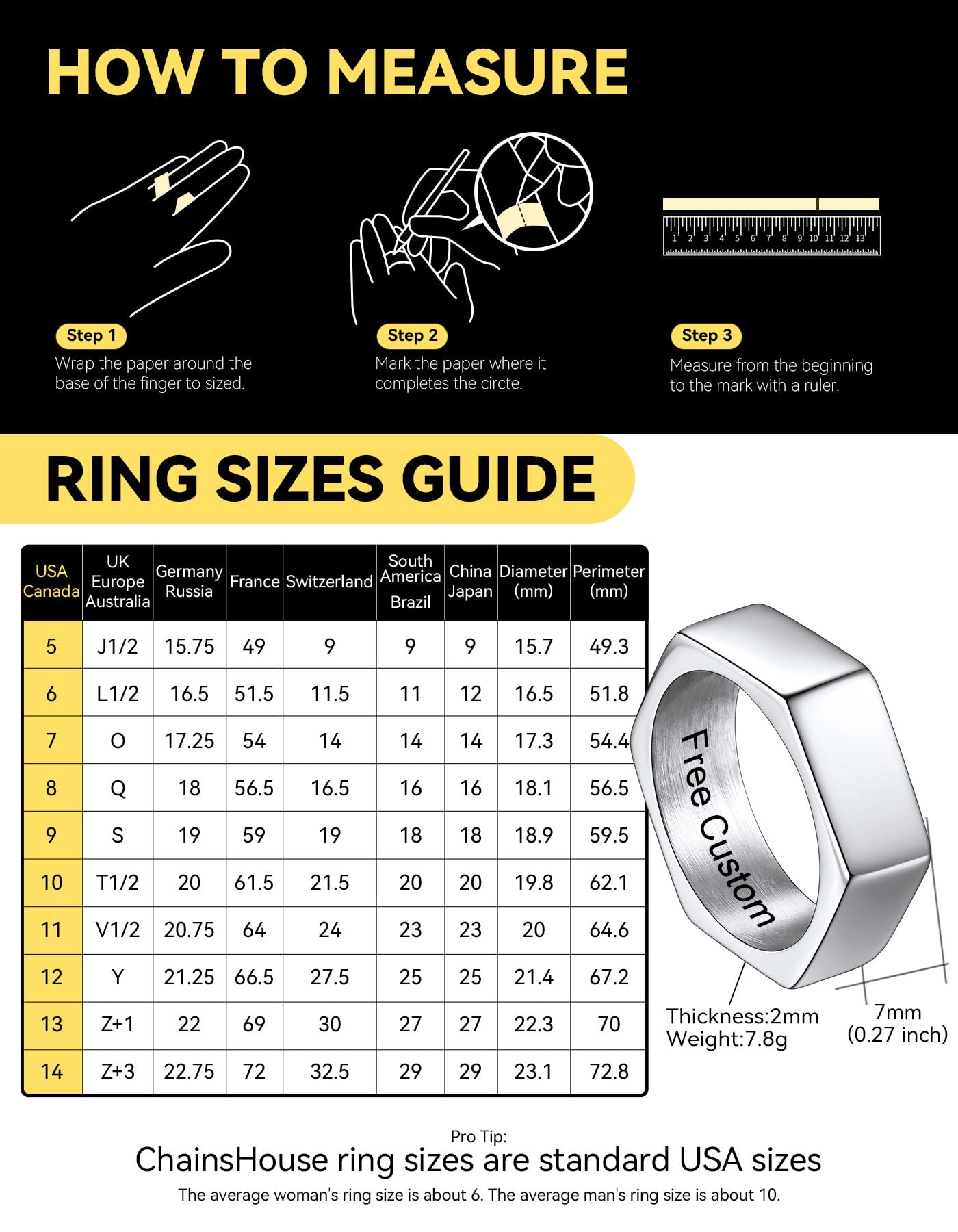 ChainsHouse Hexagon Ring Stainless Steel Geometric Biker Bands Custom Engraved Punk Jewelry for Men Women, Size 12