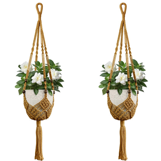 USLAI Macrame Plant Hanger Indoor Outdoor, Fits 3 to 6.5 inch Pots, Hanging Planter Holder with Beads and Tassels, Boho Home Decor, 35+35 Inch, Brown (POTS NOT Included)