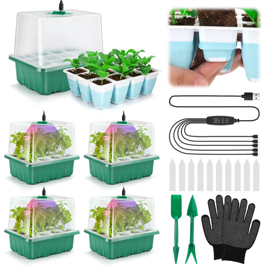 Seed Starter Tray with Grow Light, 60 Flexible Cells 5 PCS Seed Starter Kit, Reusable Seedling Starter Trays with Humidity Dome and High Lid, Germination Trays for Indoor Greenhouse Seed Starter