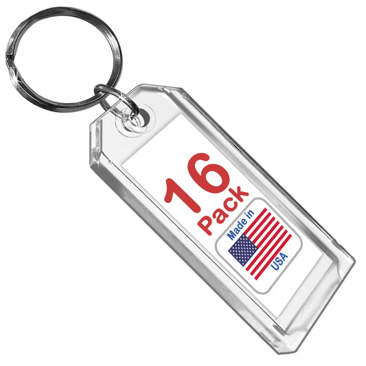 Premium Key Tag 3” Slip-Slot Plastic Heavy Duty (Clear Crystal Color) (16 Pack) (Label and Ring included) (Made in USA)