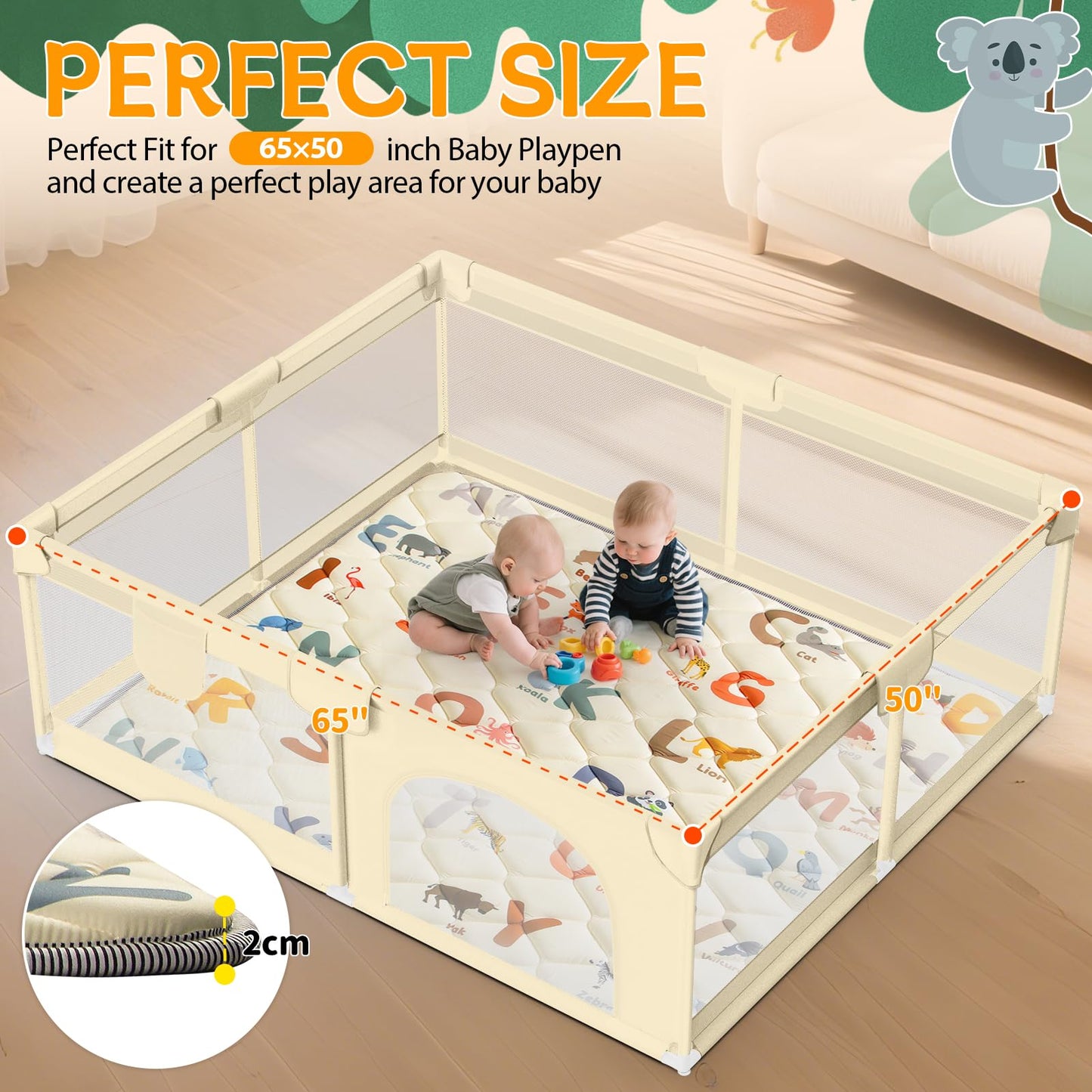 Baby Play Mats for Floor - 65”x50” Playmat for Babies - Foldable Soft Foam Mat for Toddlers - Machine Washable & Non-Slip Thick Play Mat for Picnic Portable - Animals Alphabet Design