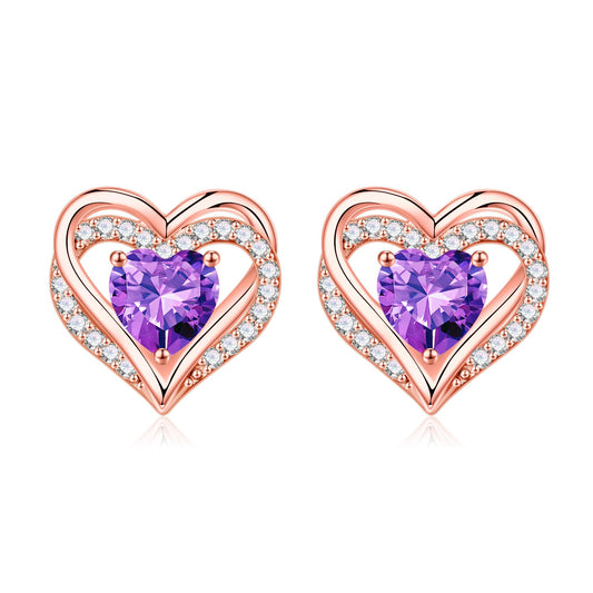 Iefil Earrings for Women, 925 Sterling Silver February Birthstone Purple Amethyst Heart Stud Rose-Gold-Plated Earrings for Women