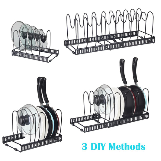 WUETOAYA Expandable Pots and Pans Organizer Rack, Pot Lid Kitchen Cabinet Organizer Holder with 10 Adjustable Compartment, Cookware Rack for Kitchen Cabinet Storage, Black