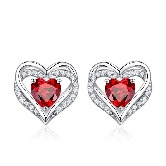 Iefil Birthstone Earrings for Women - 925 Sterling Silver January Birthstone Red Garnet Heart Stud Earrings for Women
