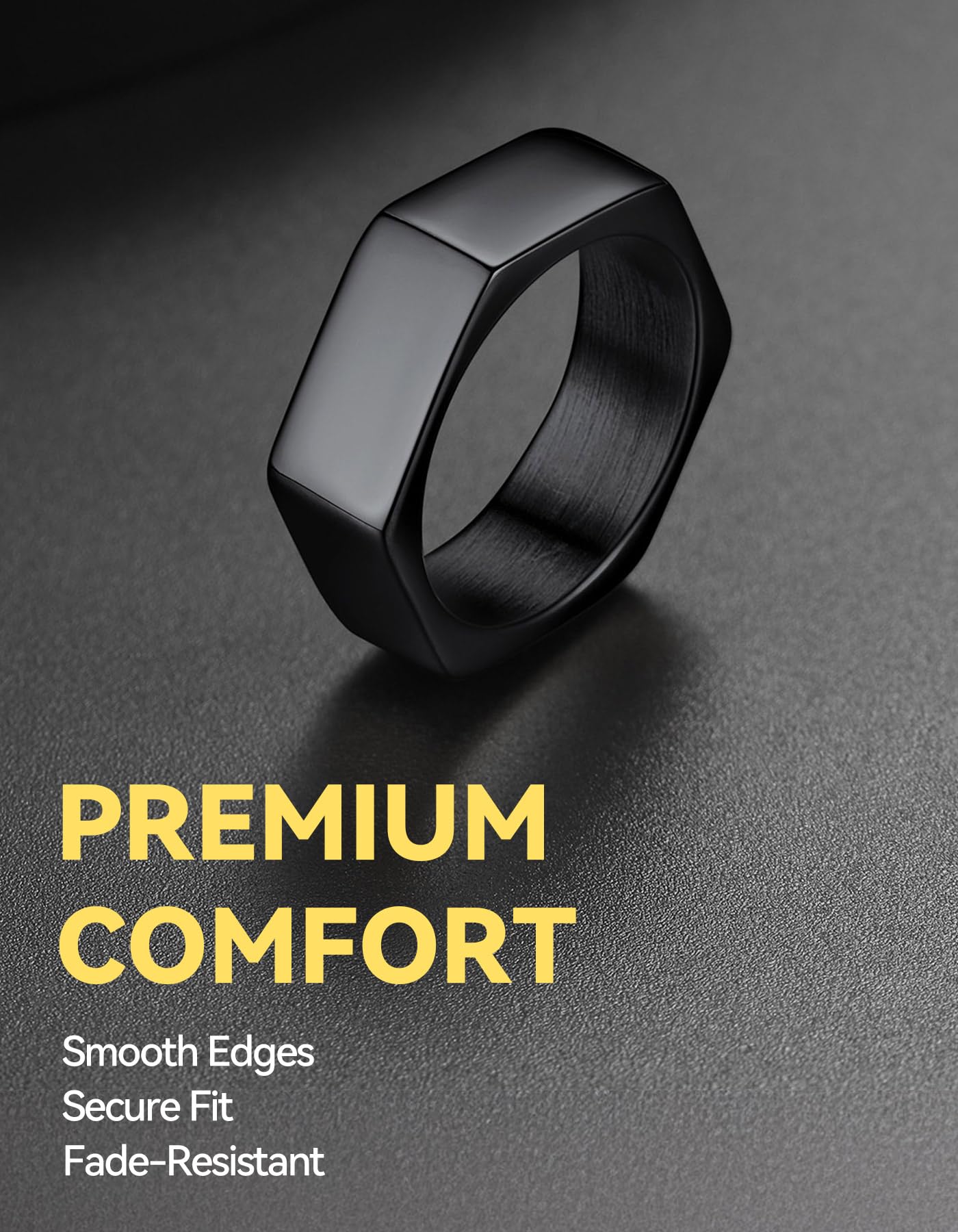 ChainsHouse Black Biker Ring Stainless Steel Jewelry Size 14 Punk Hexagon Geometric Band Rings
