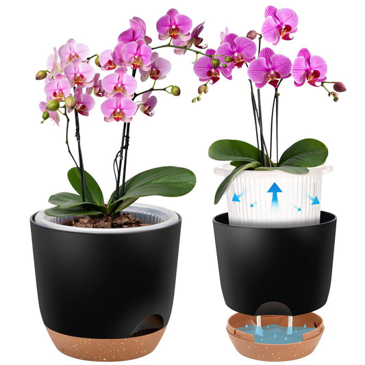 Sxueg Self Watering Orchid Pots for Indoor Plants,5.8 Inch Macetas para Orqudeas,Flower Pots for Indoor Plants with Holes(Black)