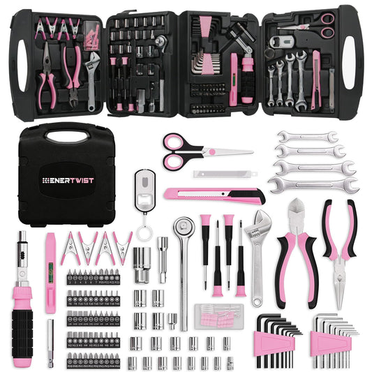 ENERTWIST Pink Tool Kit for Women, 189-Piece Premium Household Hand Tool Set with Lightweight Portable Box, Perfect for Home DIY Repair, Furniture Assembly, Ideal Gift for Women & Housewarming