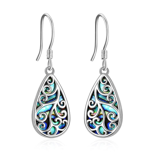 POPLYKE 925 Sterling Silver Tree of Life Earrings for Women Celtic Filigree Teardrop Abalone Earrings Dangle Abalone Jewelry