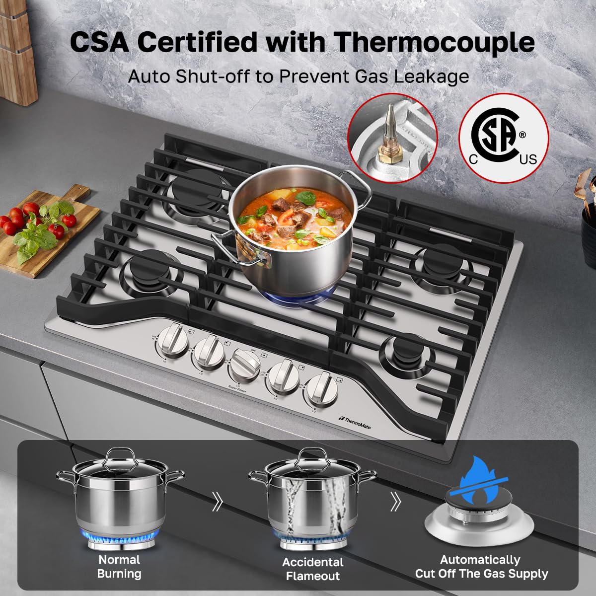 ThermoMate Heavy 30 Inch Gas Cooktop with 5 Italy Sabaf Power Burners, Built In Stove Top of 304 Stainless Steel, Gas Hob NG/LPG Convertible, Thermocouple Protection CSA Certified
