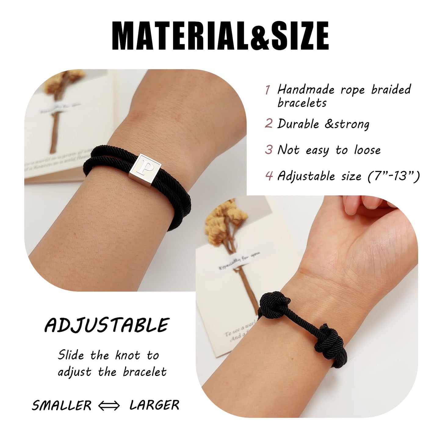 BHDJSHX Personalized Initial Rope Bracelet for Men, Stainless Steel A-Z Letter Charm Bracelet,Adjustable Handmade Braided Black Cord,7-13 Inches,Gifts For Men,Brothers,Son,Boyfriend(Y)