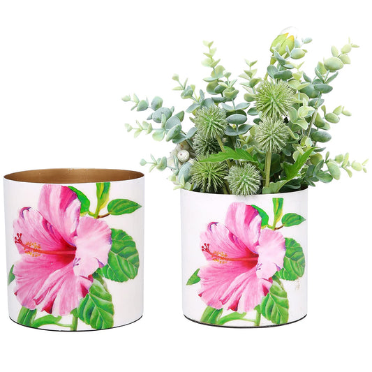 MyGift Handcrafted Painted Metal Colorful Flower Pot Container with Hibiscus Design and Brass Interior, Decorative Indoor Planter, Set of 2 - Handmade in India