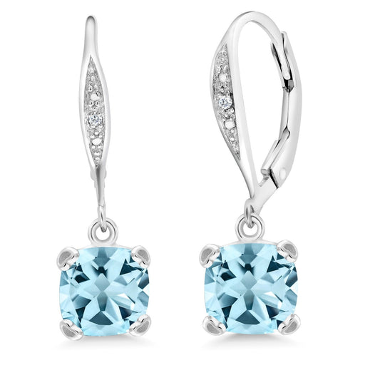 Gem Stone King Drop Dangle Earrings For Women | 7MM Cushion Cut Gemstone Birthstone and Diamond | 925 Sterling Silver | Jewelry Gift for Mom Wife Her | Sky Blue Topaz-November | Sterling Silver