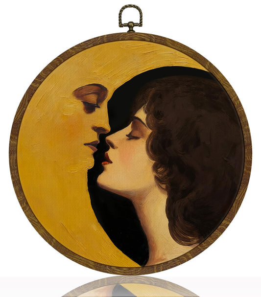 Vintage Celestial Round Wall Art,Romantic Moon Girl Canvas Prints Circular Artwork,Surreal Moon and Lady Hanging Decor for Bedroom Gallery or Dreamy Space, Unique Gift for Women 10x10Inch (Black)