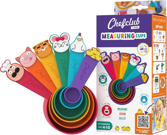 Chefclub Kids E-Book Starter Kit - Illustrated Multi-Language Recipe eBook with BPA-Free Color-Coded Measuring Cups, Montessori-Inspired Learning Tool for Cooking & Baking Dry or Liquid Ingredients