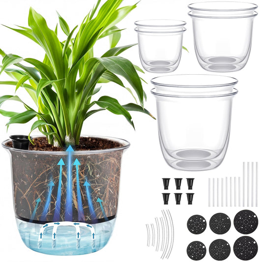 Ferrochef 6 Pcs Clear Self Watering Pots for Indoor Outdoor Plants Flowers, 2 Each of 4, 5 and 6 Inch Self Watering Planters with Reservoir, Drainage Hole and Absorbent Cotton Rope