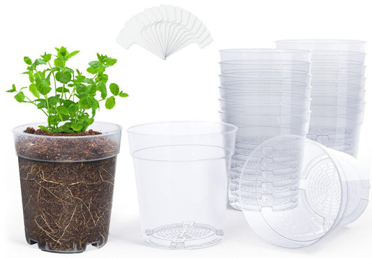 homenote Clear Nursery Pots for Plants,6.7 Inch Plant Pot for Planting Plastic Seedling with Drainage Holes Seed Starter Flower High Transparency with 20 Labels (15 Pack)