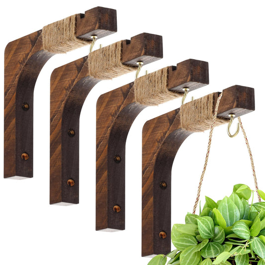 Geelin 4 Pack Wooden Plant Hanger for Wall Mounted Plant Hooks Outdoor Indoor Hanging 6 Inch Farmhouse Hanging Basket Hooks for Garden Home Wall Decoration, L x H x T: 6 x 5 x 0.8inch(Walnut)