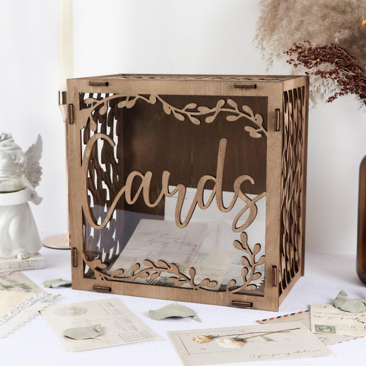 OurWarm Wedding Card Box with Window, Brown Wooden Box Wedding Decorations for Reception, Money Index Card Box for Weddings Bridal Shower Rustic Weddings Decor Party Decorations