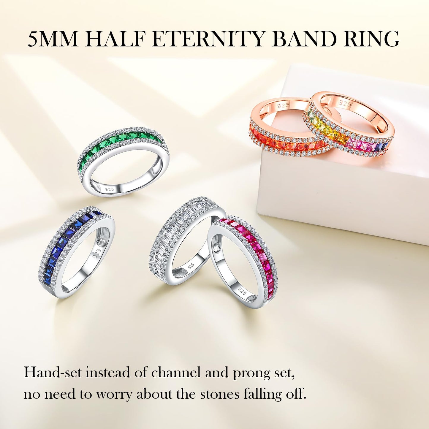 RANDES Cubic Zirconia Band Rings for Women Men Fake Diamond Emerald Cut Wedding Band Channel Set Eternity Ring Size 7.5