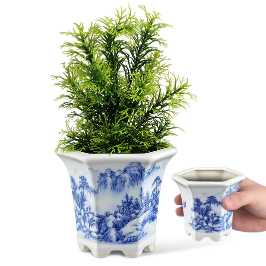 Mipcase Blue & White Porcelain Flower Pot: Small Plant Pots with Drainage Holes for Succulent Cactus - Ceramic Planter for Home Office Balcony