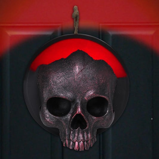 WONDER GARDEN 7.68 inch Halloween Skull Hanging Wall Decorations Light up Resin Red Gothic Skeleton Halloween Creepy Sculptures Sign for Indoor Outdoor Office Horror Home Wall Door Decor