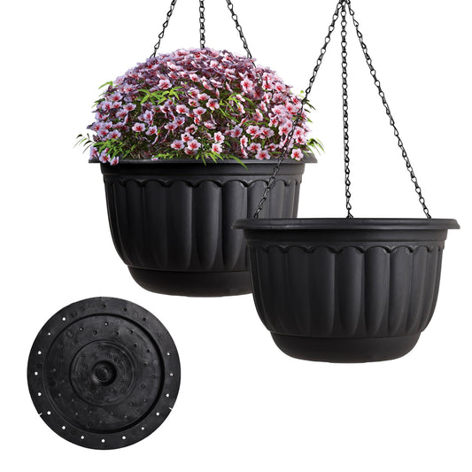 YIKUSH Planters for Outdoor Plants 2 Pack Black Plant Pots with Drainage Hole and Absorbing Tray Hanging Planters for Indoor Plants (12 inch, 3 Hooks)
