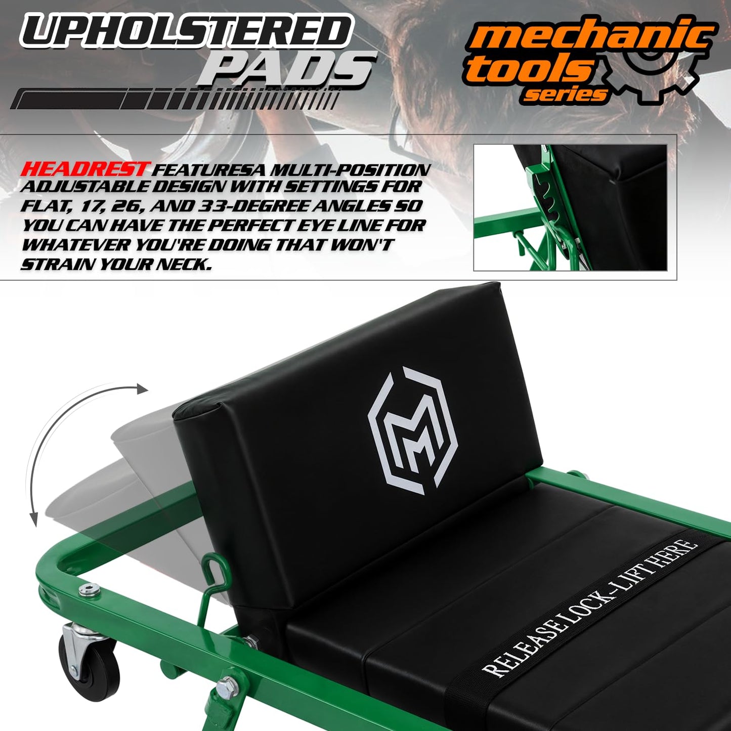 M-AUTO Heavy-Duty Convertible Mechanic Creeper, 48" Padded Adjustable Headrest Roller Garage Chair with 7 Swivel Casters for Washing, Detailing, Maintenance, Green