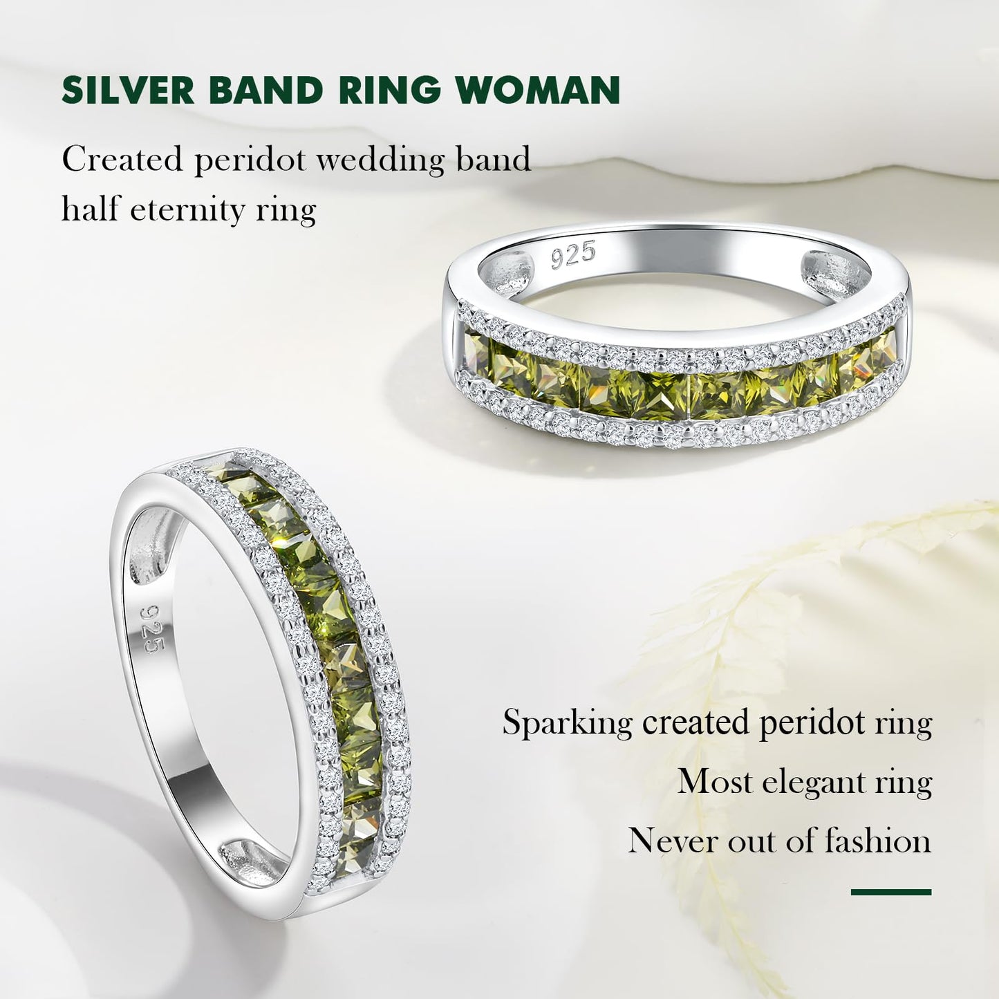 RANDES Peridot Ring August Birthstone Ring 925 Sterling Silver Band Rings for Women Channel Set Princess Cut Eternity Band Size 10