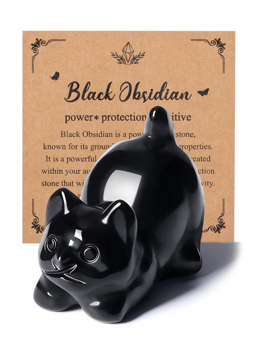 MANIFO Black Obsidian Crystal Cat Figurine for Cat Lovers Cute Gemstone Cat Ornaments for Home Office Cat Statue Gifts