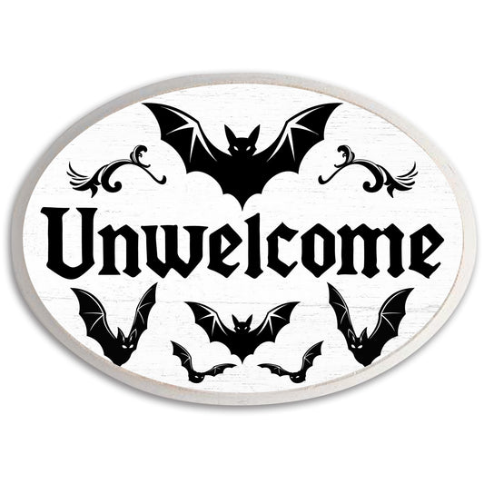 5" x 7" Gothic Wooden Hanging Sign - Unwelcome - Funny Hanging Plaque Decor For Room Office Party Wall - Dark Bats Wall Art Gifts For Family & Friends - A04