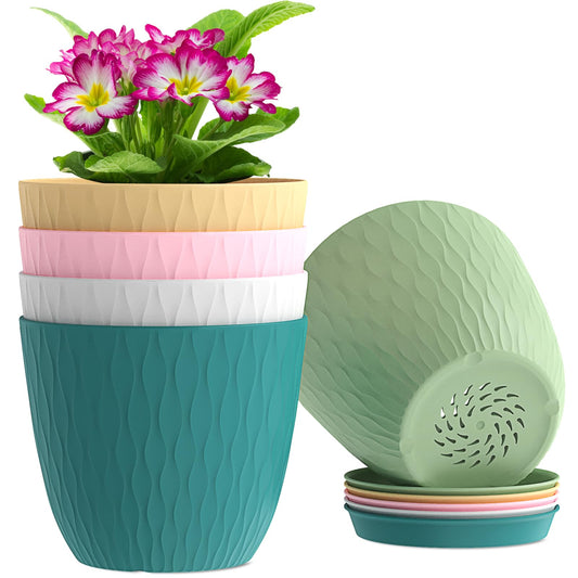 WSMKSZ 6 inch Flower Pots, 5 Pack Plant Pots with Drainage Holes and Saucers for Indoor Plants, Plastic Planters with Water Ripple for Small Garden House Plants, Nursery Pots for Succulent, Colorful