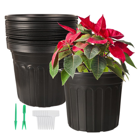 Huvai 24 Pack 2 Gallon Nursery Pots, Thickened Soft Black Plastic Plant Pots with 24Pcs Waterproof Plastic T-Type Plant Tags and 2Pcs/Set Transplanting Digging Mini Tools