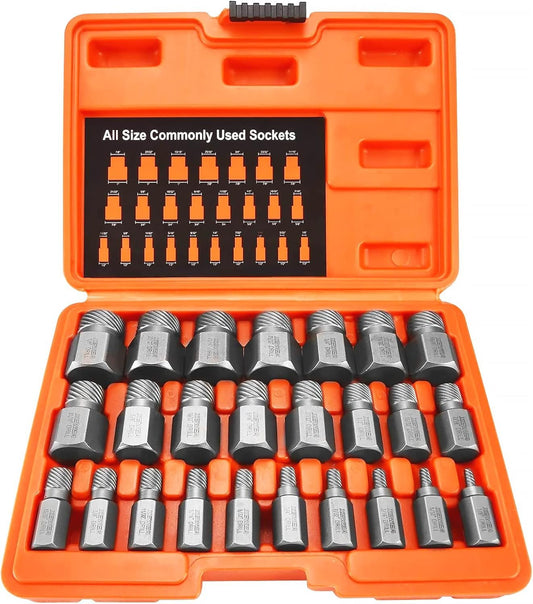 XEWEA 25Pcs Screw Extractor Set, Hex Head Multi-Spline Easy Out Bolt RemoverTool, High-Hardness Cr-Mo Steel EZ Out for Removing Stripped, Broken Rusted Bolts Screws, Father's Day gift