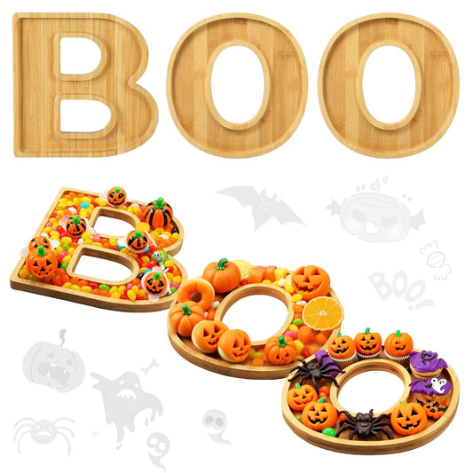 Charcuterie Board,3PCS Boo Serving Food Tray,Bamboo Wood Letter Cheese Board Platter,Christmas Party Table Decorations Serving Dishes for Kitchen Candy Cookie