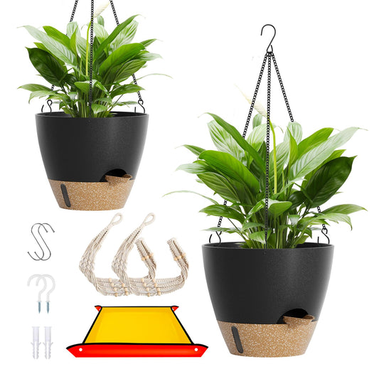 LEWESU Set of 2 Hanging Planters for Indoor Plants with Self Watering Includes Hanging Pots and 2 Types Plant Hangers, Outdoor Hanging Baskets Holder for Home Garden, 10 Inch Midnight Black