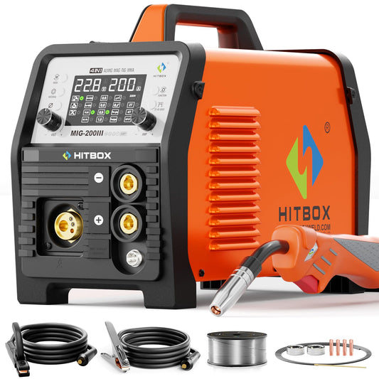 HITBOX Aluminum MIG Welder Welding Machine, 200A 110V 220V Gas & Gasless MIG Welder Machine, 7 in 1 Multi Process Welding Machine with MIG/Stick/Lift TIG/Spot/Spool Gun