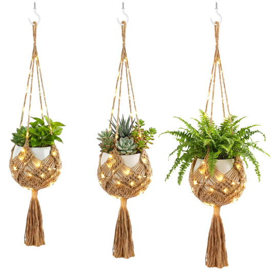 Sliner 3 Pack Jute Crochet Plant Hanging Baskets with Lights and Hooks Macrame Plant Hangers Boho Hanging Baskets for Indoor and Outdoor Home Decor, 3 Different Size