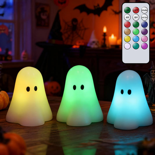 Eldnacele Ghost Flamless Flickering Candles with 18-key Remote and Timer, 12 Color Changing Battery Operated Spooky Candles Real Wax Small Ghost Lights LED Candle Fireplace Halloween Indoor Decor Gift