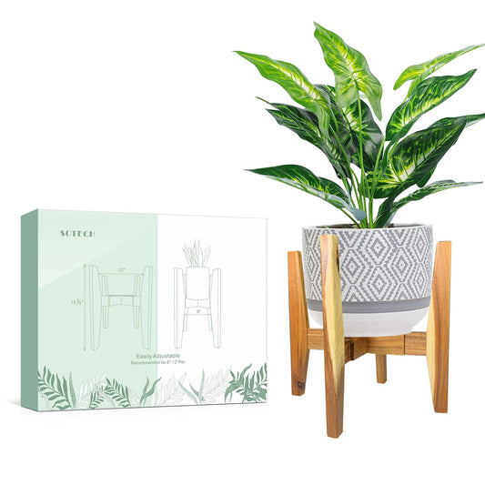 SOTECH Plant Stand - Adjustable Modern Indoor Plant Holder Mid Century Modern Plant Stand & Large Pots Sizes 8 9 10 11 12 inches Bamboo wood Plant Stands Plant Holder