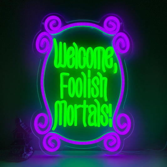 Welcome Foolish Mortals Neon Sign, Haunted Mansion Decor, Halloween Neon Signs for Wall Decor, Dimmable LED Spooky Gothic Coffin Neon Signs, Haunted Mansion Neon Sign for Halloween Party Man Cave (Green)