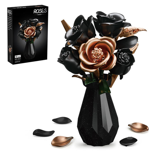APENGBAOL Black Roses Flower Bouquet Building Set with Vase - 255 Pcs Botanical Collection with Rose Gold Accent Artificial Floral Centerpiece Gothic Home Decor Gift for Adults